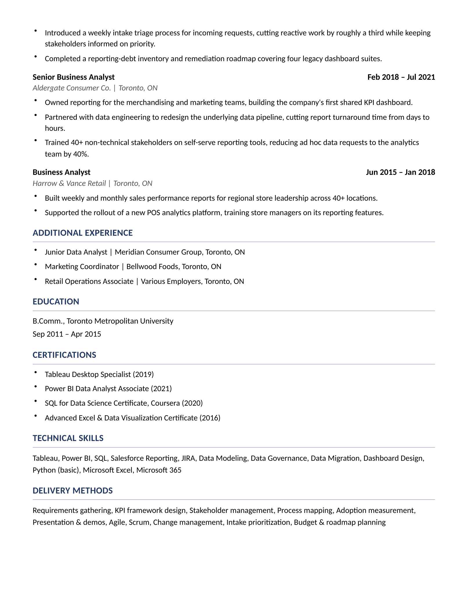 Page 2 of Alex Rivera's sample PDF resume — the rest of Professional Experience, Additional Experience, Education, Certifications, and Skills