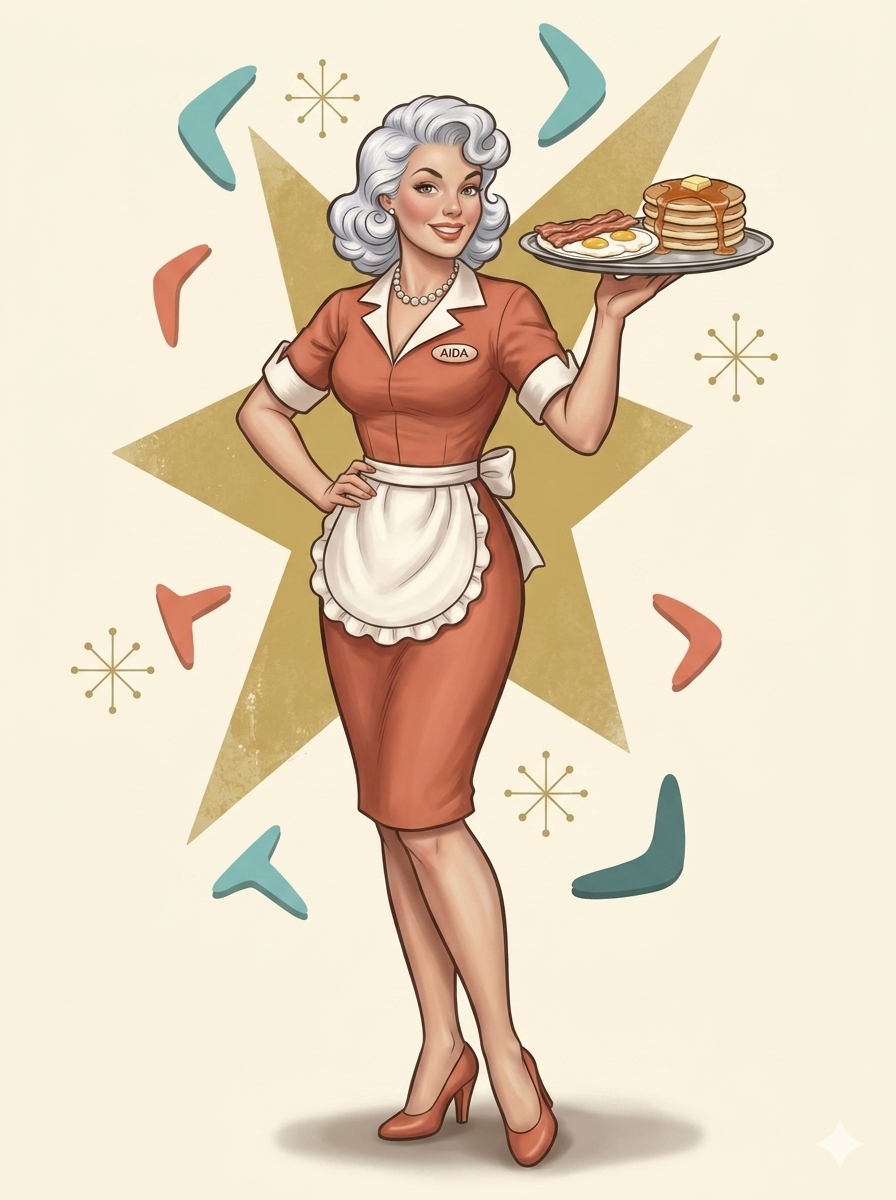 AIDA carrying a tray of breakfast, full trading-card portrait