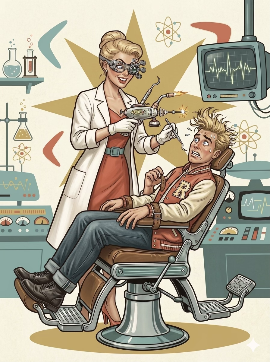 The Data Queen running an experiment on Rudy, who looks alarmed, full trading-card scene