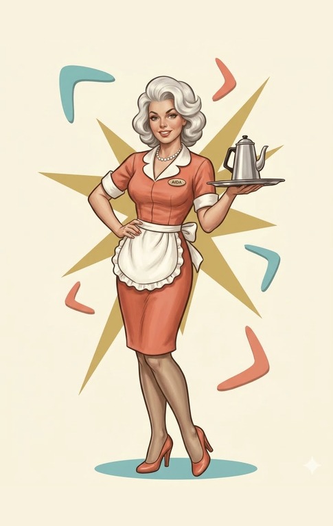 AIDA, the diner waitress mascot and host of AIDA Job Search, full trading-card portrait