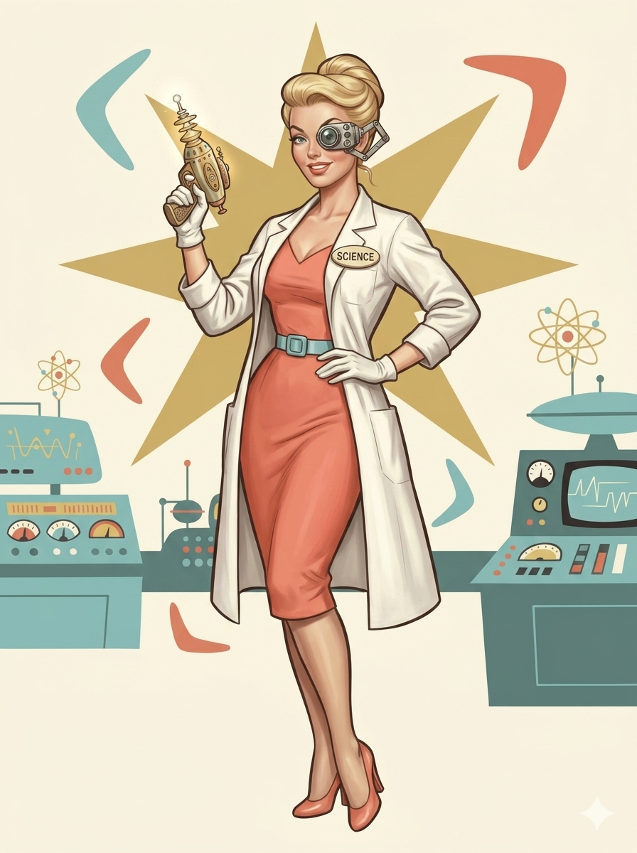 The Data Queen at work in her lab, full trading-card portrait