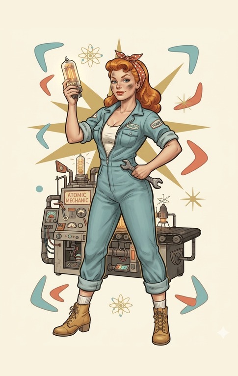 Jennie, the mechanic who runs the Job-o-Matic, full trading-card portrait